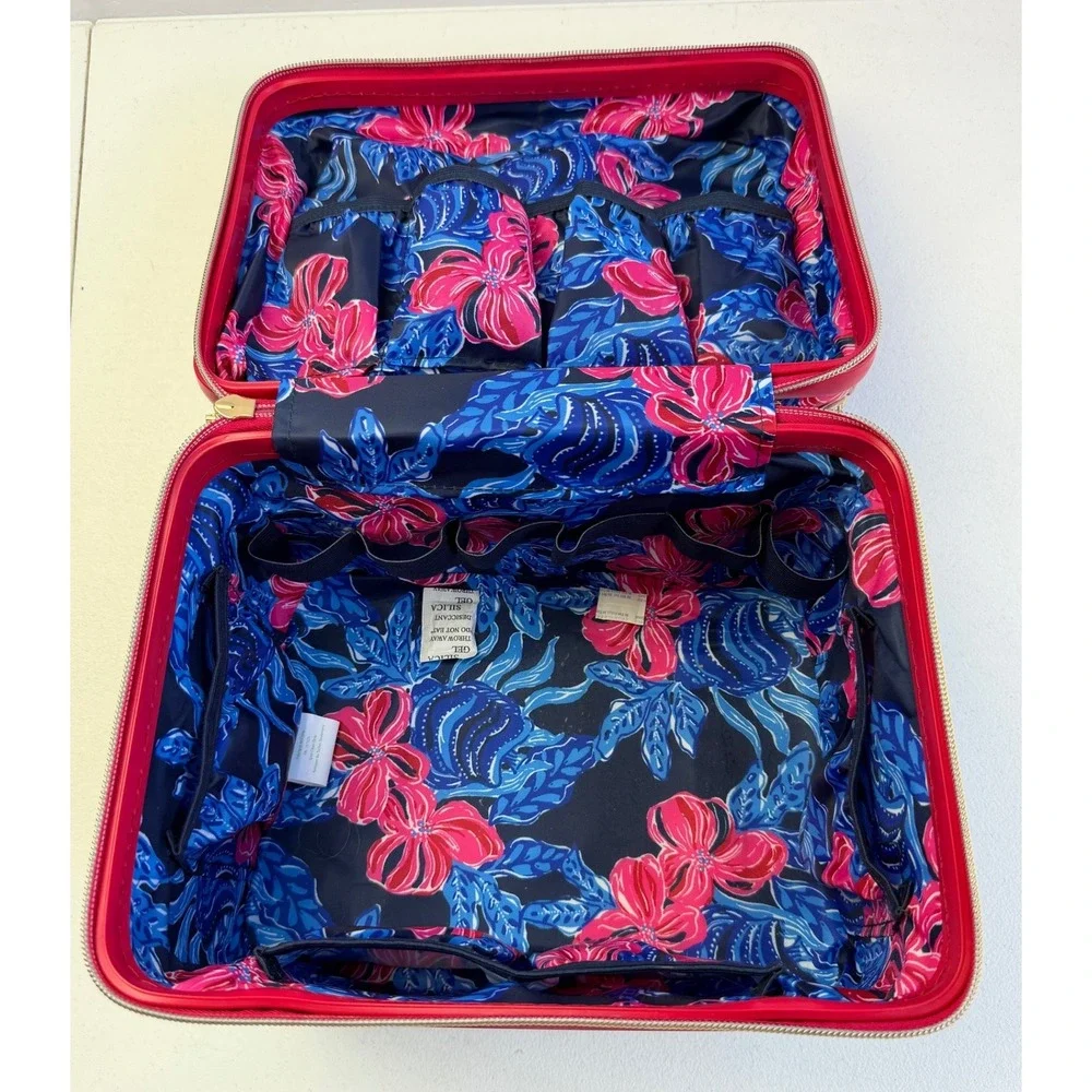 Lilly Pulitzer Hard Shell Train Case Navy Pink Floral Vanity Travel Makeup Bag